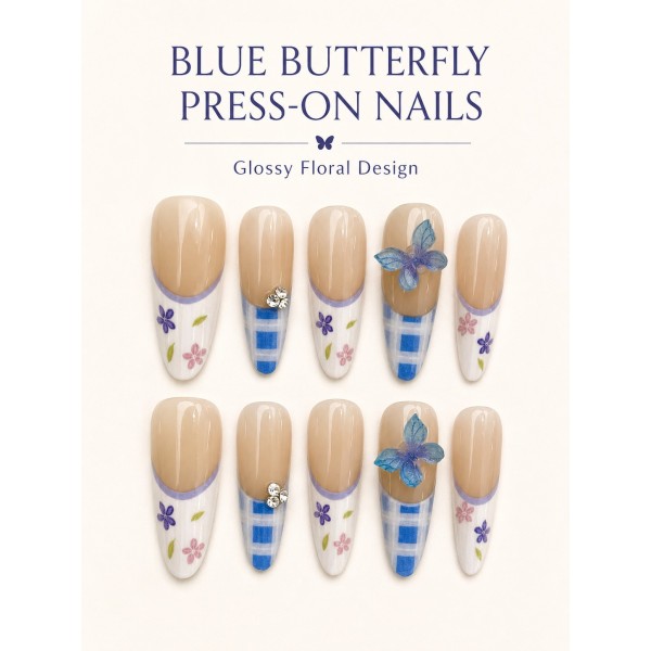 Blue Plaid 3D Butterfly Press‑On Nails, Fresh Medium‑Long Almond False Nails With French Floral Pattern